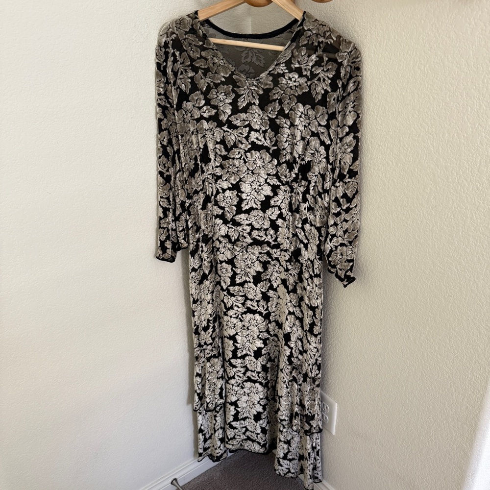 Boho retro maxi midi Black brown velvet  floral sheer dress long sleeve size M